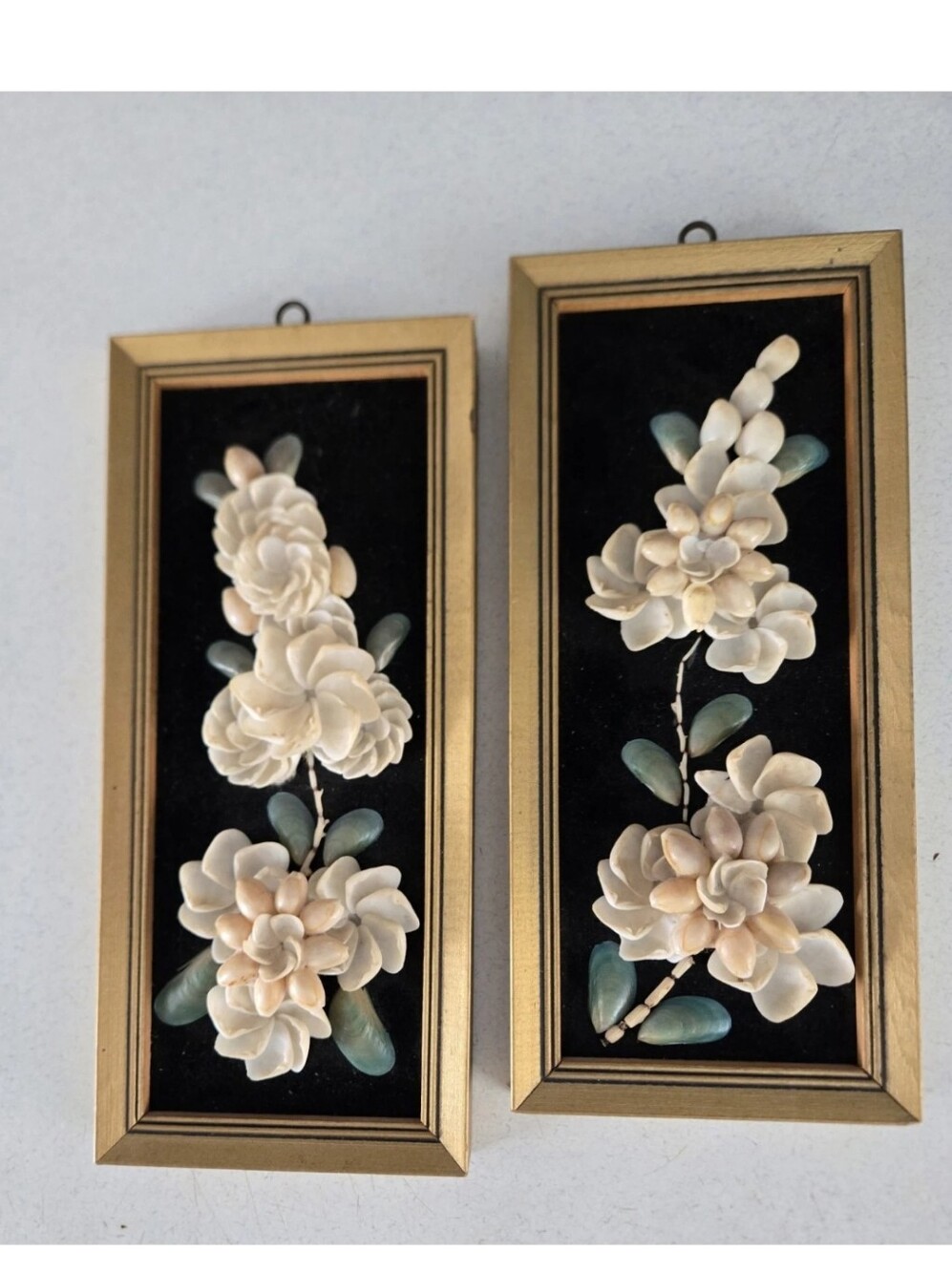 Mid Century 3D Shell Flower Floral Framed Art Set Vtg